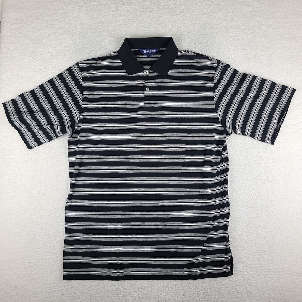 Polo Golf Ralph Lauren‎ Polo Shirt Mens Large Black Gray Striped Pima Cotton